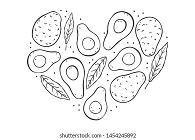 avocado black outline on white background in the shape of a heart