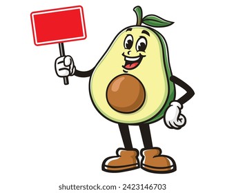 Avocado with blank sign board cartoon mascot illustration character vector clip art hand drawn