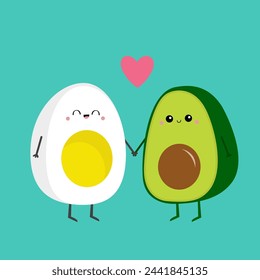Avocado boiled egg family. Mother, father holding hands. Pink heart. Cute cartoon kawaii funny character set. Love greeting card. Happy Valentines day. Healthy food Flat design White background Vector