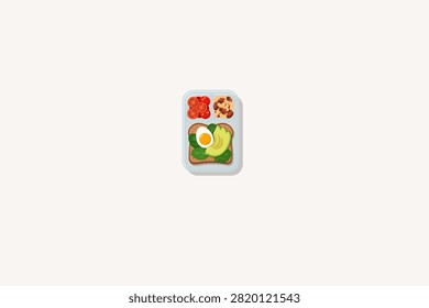 Avocado and Boiled Egg Toast Bento Box Container with Spinach, Tomatoes and Nuts Vector Illustration