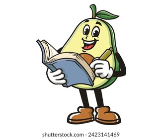 Avocado with book cartoon mascot illustration character vector clip art hand drawn