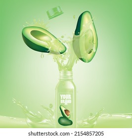 Avocado bottle design with Avocado juice splashes.illustration vector