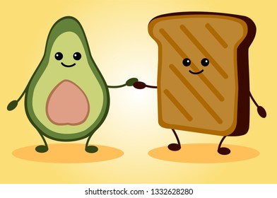 Avocado And Bread Friends. This Is Toast With Avocado. You Can Use For Cards, Fridge Magnets, Stickers, Posters, Menu.