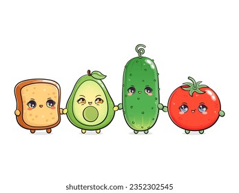 Tomate de pan aguacate y pepino. Diseño de iconos de ilustración de caricaturas con estilo de doodle dibujado a mano por vectores. Feliz lindo cartón de concepto de pan aguacate, tomate y amigos pepinos