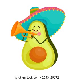 Un aguacate en un sambrero brillante toca un instrumento de viento de trompeta. Un divertido personaje de caricatura para la festividad del Día de Muertos. Gráficos vectoriales en un fondo blanco.