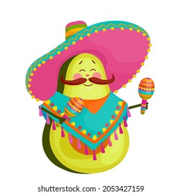 An avocado in a bright sambrero and a poncho playing maracas. A funny cartoon character for the Dia de Muertos holiday. Vector graphics on a white background.