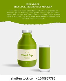 Avocado or broccoli juice package design with label. Mockup bottle juice. Vector illustration.