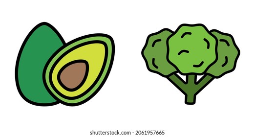 avocado und broccoli Vektorgrafik von Gemüse. Umweltfreundliche Speisen. Vegetarisches Essen
