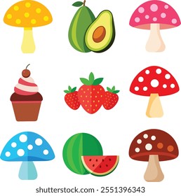 avocado, brown or red agaric mushroom, lemon, watermelon , and strawberry Vector illustration in flat style .