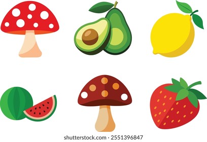 avocado, brown or red agaric mushroom,lemon, watermelon , and strawberry Vector illustration in flat style .