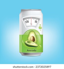 Avocado can with a weight scale. Diet concept. Vector.