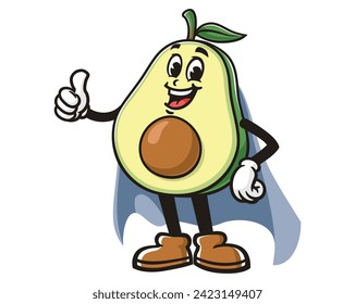 Avocado with caped superhero style cartoon mascot illustration character vector clip art hand drawn