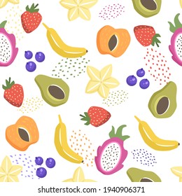 Avocado, carambola, banana, peach, strawberry and dragon fruit. Seamless vector pattern with hand drawn illustrations with fruits theme