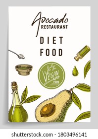 Avocado card. Green template. Banner of organic natural bio product. Vegetarian Food. Oil in the bottle. Isolated Vector hand drawn. Vintage Poster Engraved monochrome sketch