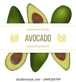 Avocado card template with copy space on stripe. ripe raw fruit. Persea americana exotic whole and halved, seed. Juicy flesh. Super food, cosmetology, heath care, for prints, labels, web. vector
