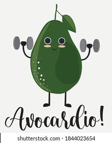 Avocado cardio slogan fitness illustration print - Graphic cartoon gym vector pattern for kids girl tee / t shirt and sticker