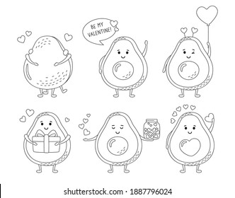 Avocado Cartoon schwarz lineares Set für die Grußkarte Valentinstag. Handgezeichnet lustige süße Avocados Charakter mit Herzen, Ballon, Geschenk. Romantische Banneraufkleber lieben Vektorgrafik
