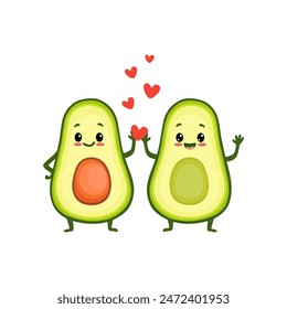 Avocado cartoon character. A couple of avocados. Card with cute avocados and hearts. Valentine's Day. Vector illustration