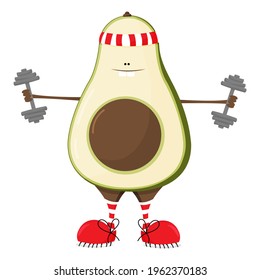 Avocado cartoon character doing exercises with dumbbells. Vector illustration isolated on background.