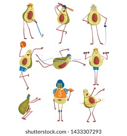 Avocado Cartoon Character Doing Sports Set, Funny Exotic Fruit Athlete Playing Volleyball, American Football, Baseball, Golf, Exercising with Dumbbell, Hoola Hoop Vector Illustration