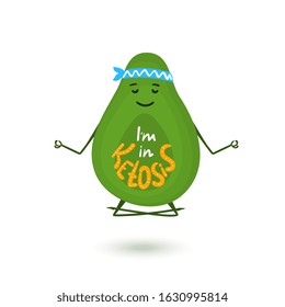 Avocado cartoon character is meditating in lotus position. Hand drawn lettering I'm in Ketosis. Healthy lifestyle concept