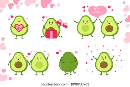Avocado cartoon character set for greeting card Valentines Day. Hand drawn funny cute green kawaii avocados with hearts balloon, gift and dialog speech bubble. Romantic banner love vector illustration