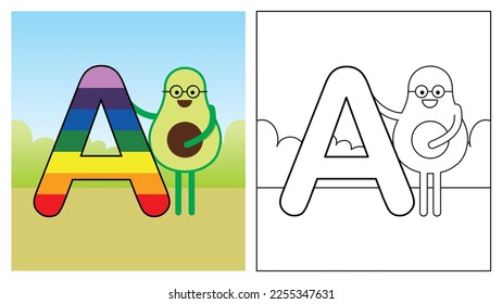 Avocado cartoon character showing letter A alphabet coloring book to educate kids. Learn colors pages.