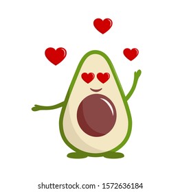 Avocado cartoon character in vector. Flat illustration. Avocado love with hearts