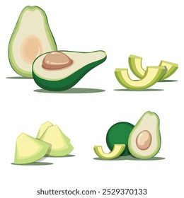 Avocado cartoon flat. Set of fresh avocado isolated on white background.