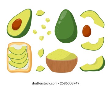 Avocado Cartoon Flat Set. Whole, Sliced, Half, Chopped Avocado Collection.