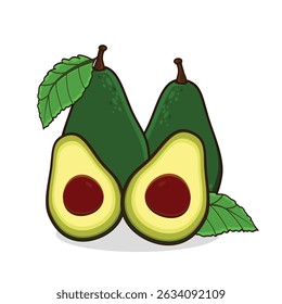 Abacate. desenho animado abacate. abacate com folha. fatia abacate.