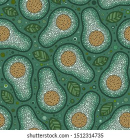 Avocado cartoon seamless pattern on green background. Banner, poster, wrapping paper, modern textile design, promotional material