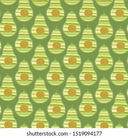 Avocado cartoon seamless pattern on green background. Banner, poster, wrapping paper, modern textile design, promotional material
