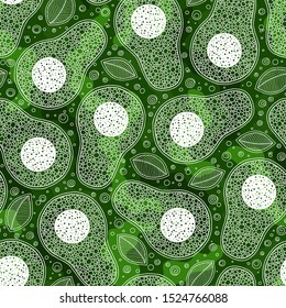 Avocado cartoon seamless pattern on green background. Banner, poster, wrapping paper, modern textile design, promotional material