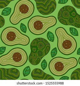 Avocado cartoon seamless pattern on green background. Banner, poster, wrapping paper, modern textile design, promotional material