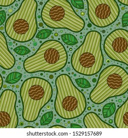 Avocado cartoon seamless pattern on green background. Banner, poster, wrapping paper, modern textile design, promotional material