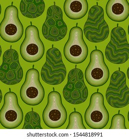 Avocado cartoon seamless pattern on green background. Banner, poster, wrapping paper, modern textile design, promotional material