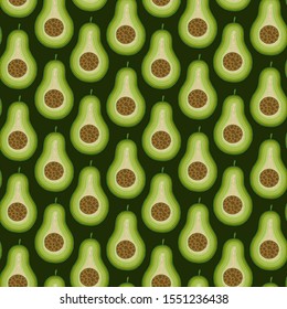Avocado cartoon seamless pattern on green background. Banner, poster, wrapping paper, modern textile design, promotional material