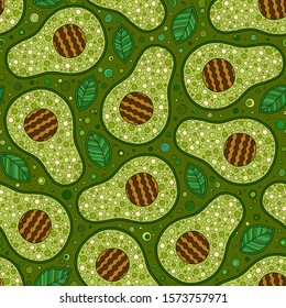 Avocado cartoon seamless pattern on green background. Banner, poster, wrapping paper, modern textile design, promotional material