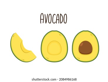 Avocado cartoon. Set of avocado illustrations isolated on white background. Slice and whole fruit, seed.