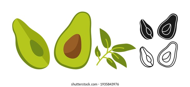 Avocado cartoon set line icon, black glyph style. Avocados green fruit icons summer collection hawaii food. Comic hand drawn organic design for packaging, card, poster. Isolated vector illustration