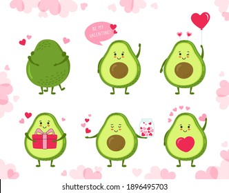 Avocado cartoon set for Valentines Day greeting card. Funny hand drawn cute green avocado characters with hearts, balloon, gift and parcel. Romantic banner stickers love vector illustration