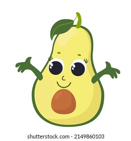 Avocado in cartoon style. A fruit with a face and handles is happy and smiling. Character design for baby food, packaging, for fruit puree or juice or baby gel and shampoo.