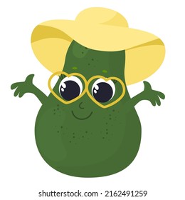 Avocado in cartoon style.The avocado has a face and eyes, and the fruit is wearing a hat and heart-shaped glasses. Character design for baby food, packaging.