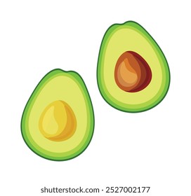 Avocado in cartoon style. Vector illustration of fresh and tasty two avocado halves with and without a bone isolated on a white background. Useful fruits. Health. Breakfast.