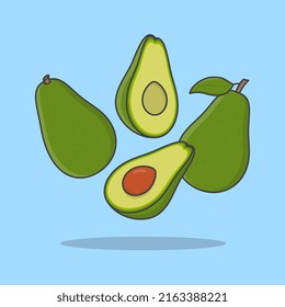 Avocado Cartoon Vector Illustration. Falling Sliced Avocado Flat Icon Outline. Flying Avocado