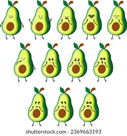Avocado cartoon vector, set of cartoon avocados with different facial expressions, bundle