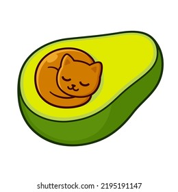 Avocado cat cute cartoon drawing. Kawaii kitten sleeping in avocado. Vector hand drawn doodle, clip art illustration.