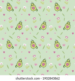 Avocado cat seamless pattern. Floral repeat ornament. Flowers endless print.