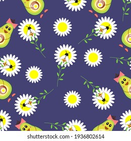 Avocado, chamomile, daisies, seamless pattern. Flowers, wasps, bees on a blue background. Funny fruits with bows. For textiles, fabrics, packaging, cover and design decoration. Vector illustration